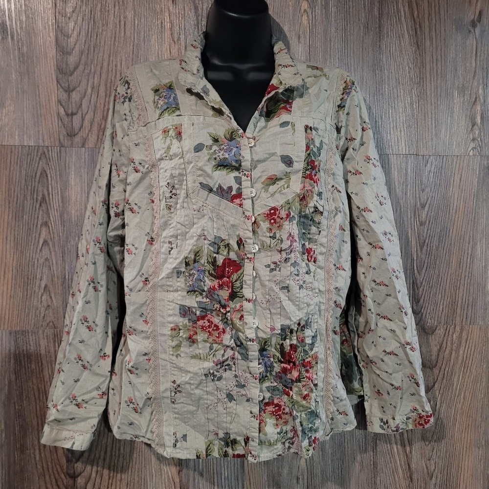 Vtg Faded Glory Pleated Peasant Blouse 16W Gray/Green Floral Crochet Button Boho